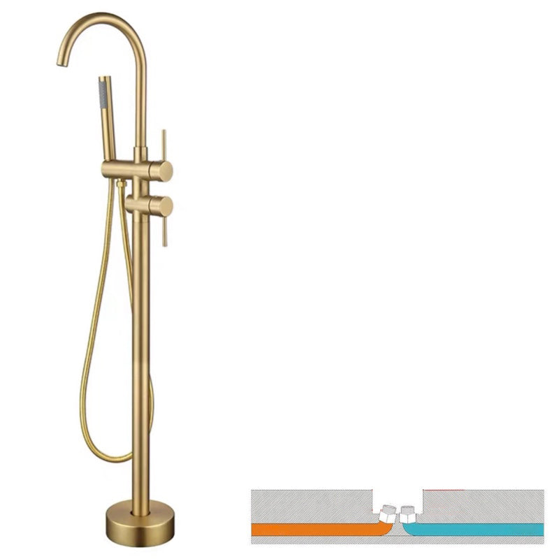 Floor Mounted Copper Freestanding Tub Filler Simple High Arc Freestanding Tub Filler Trim Gold Hand Shower Included Ground Clearhalo 'Bathroom Remodel & Bathroom Fixtures' 'Bathtub Faucets' 'bathtub_faucets' 'Home Improvement' 'home_improvement' 'home_improvement_bathtub_faucets' 6558566