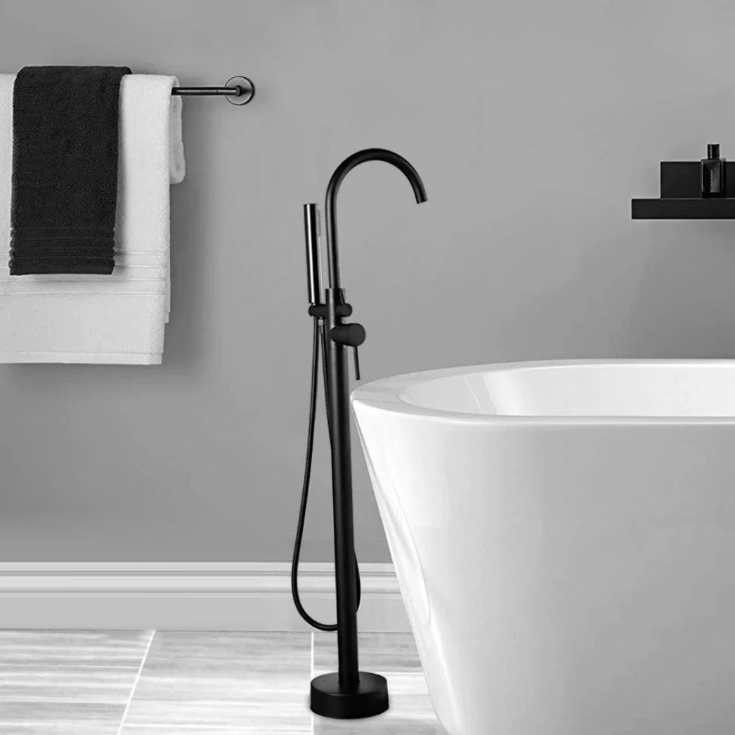 Floor Mounted Copper Freestanding Tub Filler Simple High Arc Freestanding Tub Filler Trim Black Hand Shower Included Rre-embedded Clearhalo 'Bathroom Remodel & Bathroom Fixtures' 'Bathtub Faucets' 'bathtub_faucets' 'Home Improvement' 'home_improvement' 'home_improvement_bathtub_faucets' 6558567