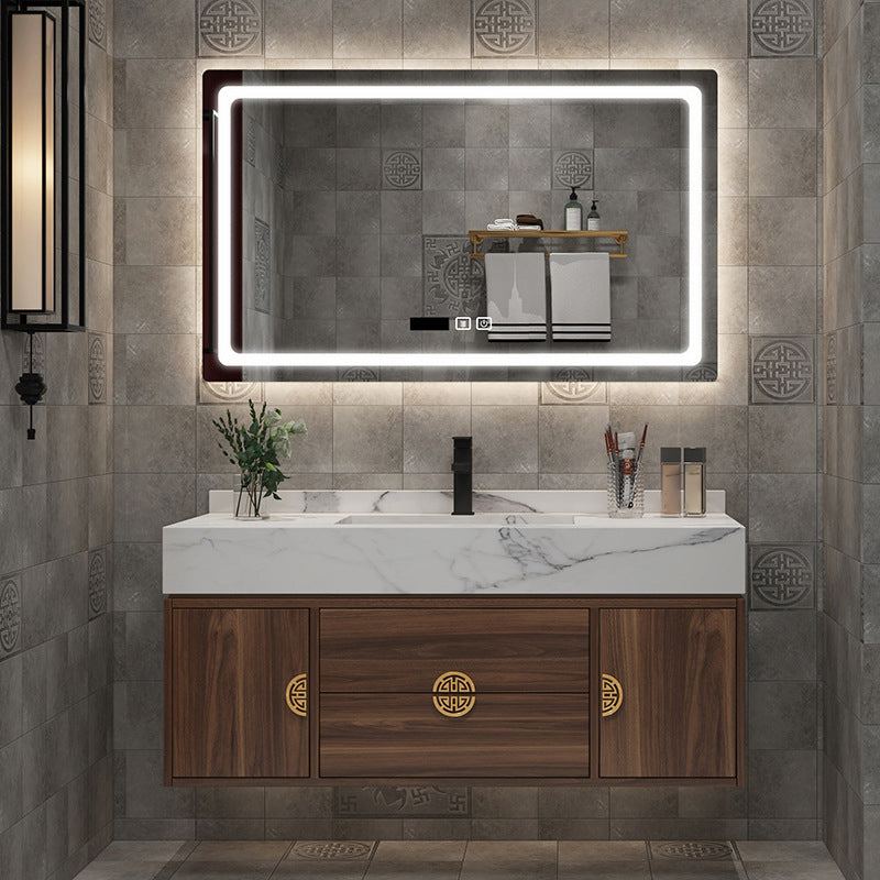 Wood Frame Vanity 2 Drawers Wall Mount Single Sink Rectangle Bathroom Vanity with Mirror Vanity & Faucet & Mirrors Smart Control Included Clearhalo 'Bathroom Remodel & Bathroom Fixtures' 'Bathroom Vanities' 'bathroom_vanities' 'Home Improvement' 'home_improvement' 'home_improvement_bathroom_vanities' 6558983
