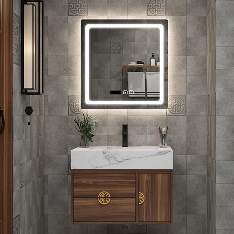 Wood Frame Vanity 2 Drawers Wall Mount Single Sink Rectangle Bathroom Vanity with Mirror Vanity & Faucet & Mirrors Smart Control Included Clearhalo 'Bathroom Remodel & Bathroom Fixtures' 'Bathroom Vanities' 'bathroom_vanities' 'Home Improvement' 'home_improvement' 'home_improvement_bathroom_vanities' 6558994