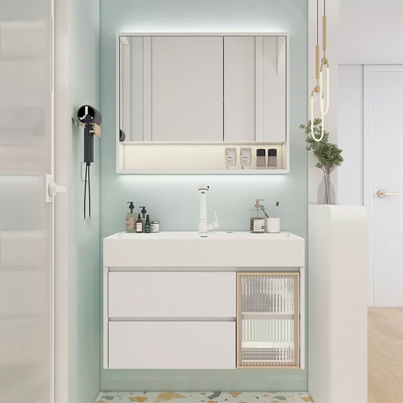 White Bathroom Vanity Mirror Rectangle Single Sink Wall Mount 2 Drawers Vanity with Door Vanity & Faucet & Mirror Cabinet Clearhalo 'Bathroom Remodel & Bathroom Fixtures' 'Bathroom Vanities' 'bathroom_vanities' 'Home Improvement' 'home_improvement' 'home_improvement_bathroom_vanities' 6559022