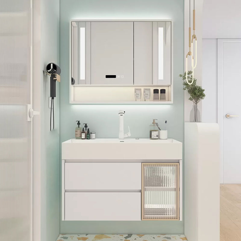 White Bathroom Vanity Mirror Rectangle Single Sink Wall Mount 2 Drawers Vanity with Door Vanity & Faucet & Smart Medicine Cabinet Clearhalo 'Bathroom Remodel & Bathroom Fixtures' 'Bathroom Vanities' 'bathroom_vanities' 'Home Improvement' 'home_improvement' 'home_improvement_bathroom_vanities' 6559023