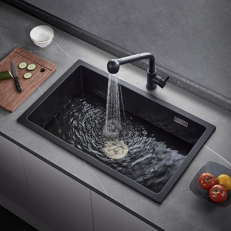 Black Quartz Kitchen Sink Drop-In Single Bowl Sink with Basket Strainer 27"L x 17"W x 9"H Sink with Faucet Clearhalo 'Home Improvement' 'home_improvement' 'home_improvement_kitchen_sinks' 'Kitchen Remodel & Kitchen Fixtures' 'Kitchen Sinks & Faucet Components' 'Kitchen Sinks' 'kitchen_sinks' 6559130