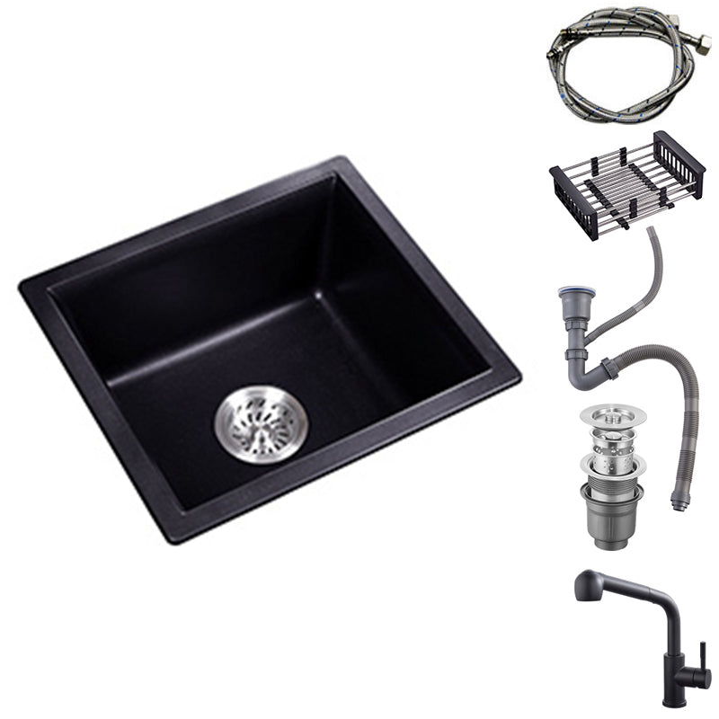 Black Quartz Kitchen Sink Drop-In Single Bowl Sink with Basket Strainer 15"L x 18"W x 9"H Sink with Faucet Clearhalo 'Home Improvement' 'home_improvement' 'home_improvement_kitchen_sinks' 'Kitchen Remodel & Kitchen Fixtures' 'Kitchen Sinks & Faucet Components' 'Kitchen Sinks' 'kitchen_sinks' 6559132