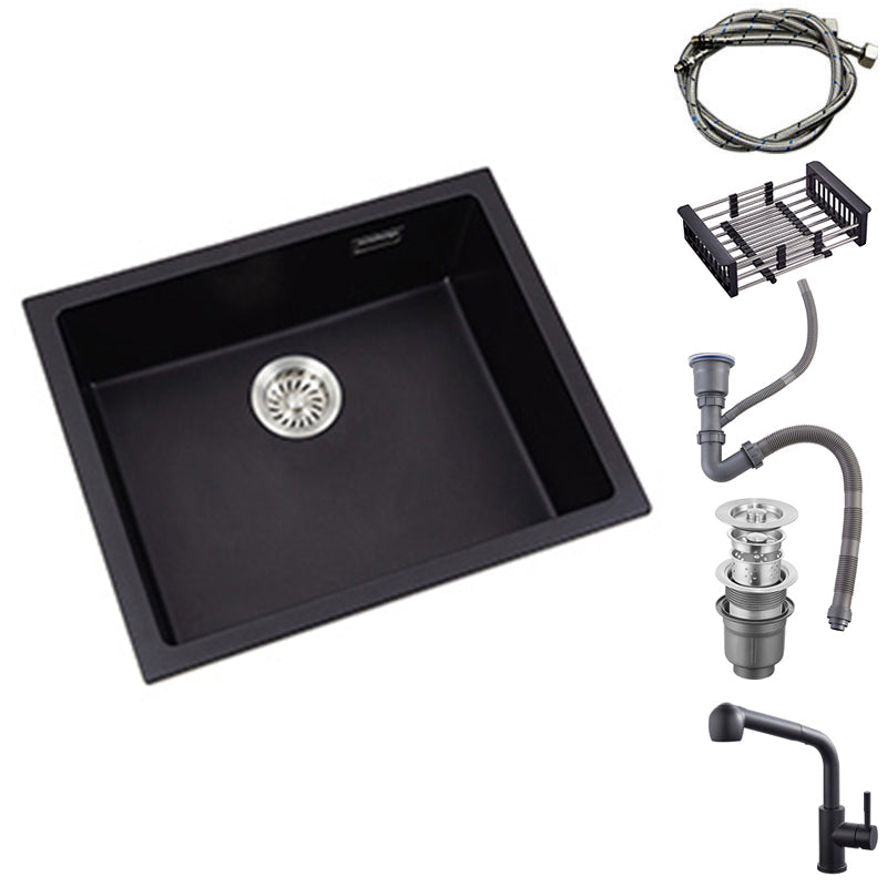 Black Quartz Kitchen Sink Drop-In Single Bowl Sink with Basket Strainer 18"L x 16"W x 9"H Sink with Faucet Clearhalo 'Home Improvement' 'home_improvement' 'home_improvement_kitchen_sinks' 'Kitchen Remodel & Kitchen Fixtures' 'Kitchen Sinks & Faucet Components' 'Kitchen Sinks' 'kitchen_sinks' 6559137