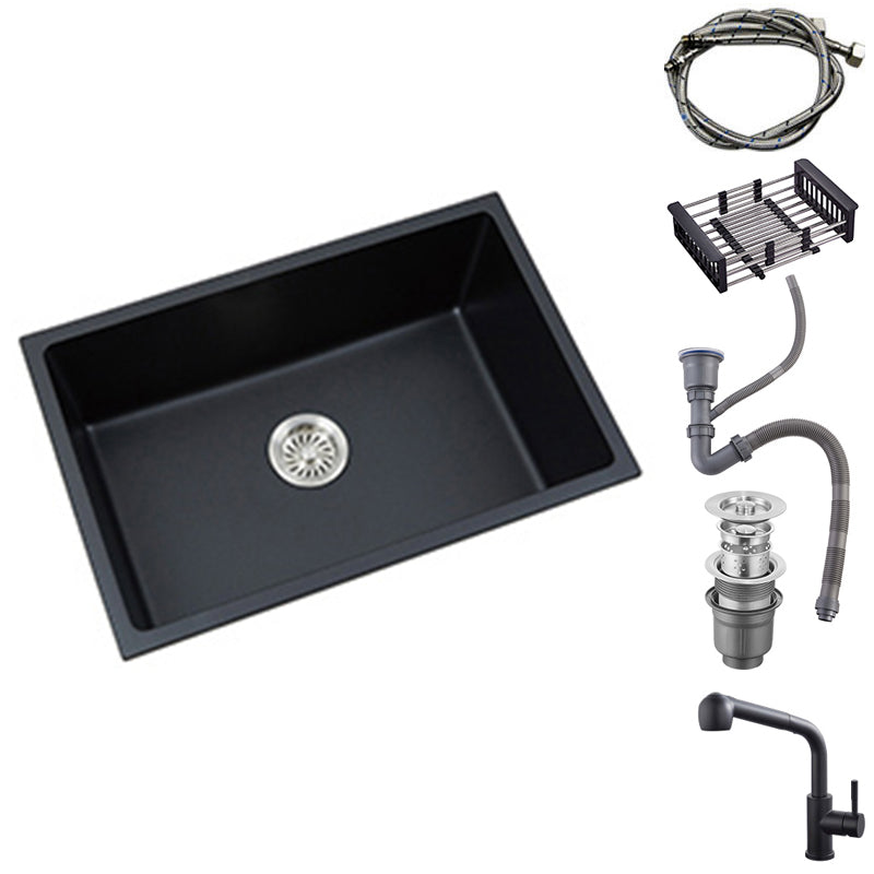 Black Quartz Kitchen Sink Drop-In Single Bowl Sink with Basket Strainer 22"L x 17"W x 9"H Sink with Faucet Clearhalo 'Home Improvement' 'home_improvement' 'home_improvement_kitchen_sinks' 'Kitchen Remodel & Kitchen Fixtures' 'Kitchen Sinks & Faucet Components' 'Kitchen Sinks' 'kitchen_sinks' 6559140