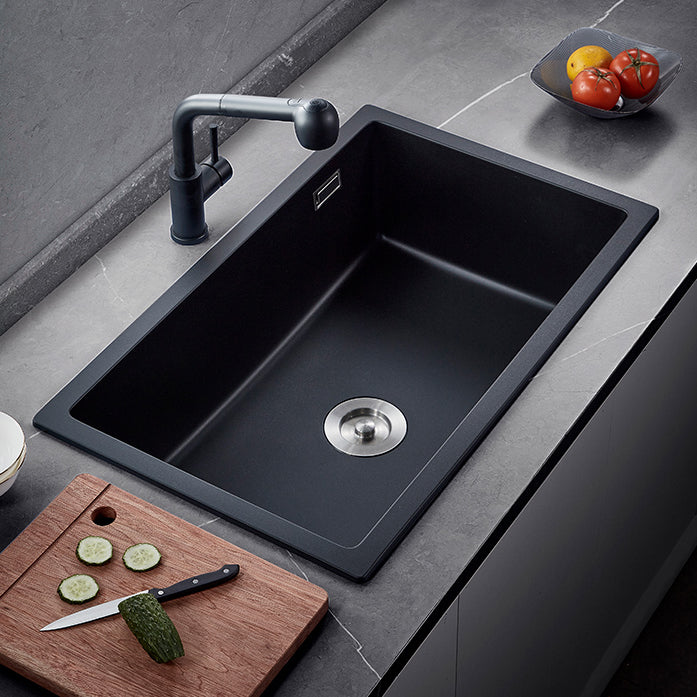 Black Quartz Kitchen Sink Drop-In Single Bowl Sink with Basket Strainer 31"L x 18"W x 10"H Sink with Faucet Clearhalo 'Home Improvement' 'home_improvement' 'home_improvement_kitchen_sinks' 'Kitchen Remodel & Kitchen Fixtures' 'Kitchen Sinks & Faucet Components' 'Kitchen Sinks' 'kitchen_sinks' 6559152