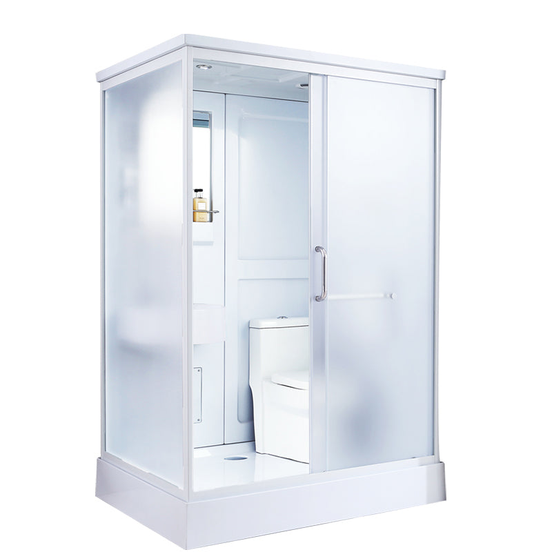Contemporary Frosted Shower Stall Framed Single Sliding Shower Stall White 55"L x 43"W x 85"H Front Opening Clearhalo 'Bathroom Remodel & Bathroom Fixtures' 'Home Improvement' 'home_improvement' 'home_improvement_shower_stalls_enclosures' 'Shower Stalls & Enclosures' 'shower_stalls_enclosures' 'Showers & Bathtubs' 6559296