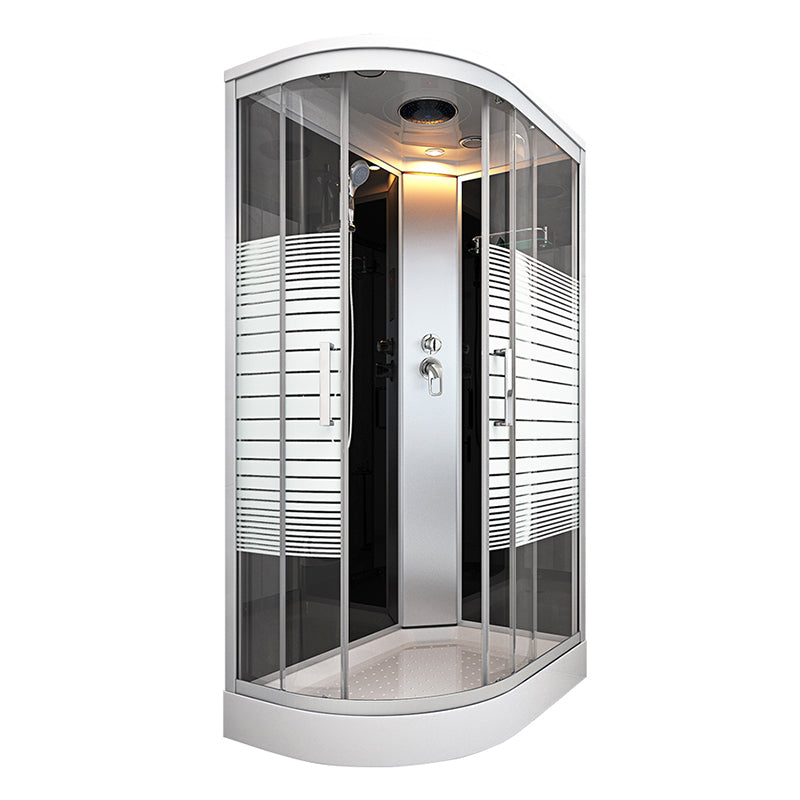 Contemporary Round Shower Stall Double Sliding Frosted Framed Shower Stall with Ceiling Electric Charge Left Clearhalo 'Bathroom Remodel & Bathroom Fixtures' 'Home Improvement' 'home_improvement' 'home_improvement_shower_stalls_enclosures' 'Shower Stalls & Enclosures' 'shower_stalls_enclosures' 'Showers & Bathtubs' 6559327