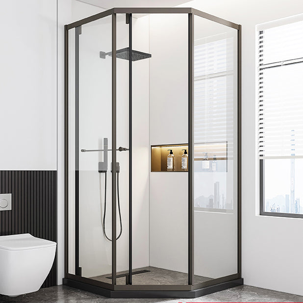 Contemporary Plain Shower Enclosure Neo-Angle Clear Semi-Frameless Shower Enclosure Black Clearhalo 'Bathroom Remodel & Bathroom Fixtures' 'Home Improvement' 'home_improvement' 'home_improvement_shower_stalls_enclosures' 'Shower Stalls & Enclosures' 'shower_stalls_enclosures' 'Showers & Bathtubs' 6559378