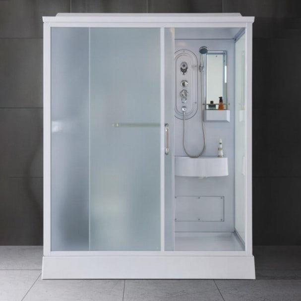 Contemporary Shower Stall Single Sliding Clear Shower Stall in White 67"L x 47"W x 87"H Front Opening Clearhalo 'Bathroom Remodel & Bathroom Fixtures' 'Home Improvement' 'home_improvement' 'home_improvement_shower_stalls_enclosures' 'Shower Stalls & Enclosures' 'shower_stalls_enclosures' 'Showers & Bathtubs' 6559406