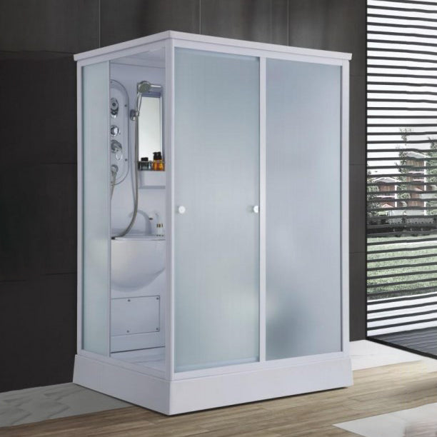 Contemporary Shower Stall Single Sliding Clear Shower Stall in White 55"L x 43"W x 87"H Side Opening Clearhalo 'Bathroom Remodel & Bathroom Fixtures' 'Home Improvement' 'home_improvement' 'home_improvement_shower_stalls_enclosures' 'Shower Stalls & Enclosures' 'shower_stalls_enclosures' 'Showers & Bathtubs' 6559411