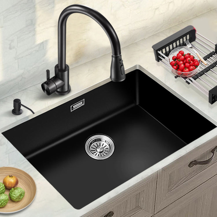 Black Quartz Kitchen Sink Contemporary Single Bowl Sink with Basket Strainer 27"L x 17"W x 9"H Sink with Faucet Pull Out Faucet Clearhalo 'Home Improvement' 'home_improvement' 'home_improvement_kitchen_sinks' 'Kitchen Remodel & Kitchen Fixtures' 'Kitchen Sinks & Faucet Components' 'Kitchen Sinks' 'kitchen_sinks' 6561138