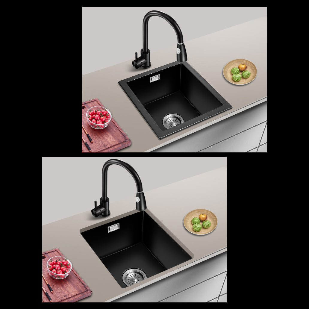 Black Quartz Kitchen Sink Contemporary Single Bowl Sink with Basket Strainer Clearhalo 'Home Improvement' 'home_improvement' 'home_improvement_kitchen_sinks' 'Kitchen Remodel & Kitchen Fixtures' 'Kitchen Sinks & Faucet Components' 'Kitchen Sinks' 'kitchen_sinks' 6561143