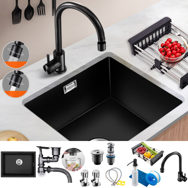 Black Quartz Kitchen Sink Contemporary Single Bowl Sink with Basket Strainer Sink with Faucet Cold and Hot Dual Control Faucet Clearhalo 'Home Improvement' 'home_improvement' 'home_improvement_kitchen_sinks' 'Kitchen Remodel & Kitchen Fixtures' 'Kitchen Sinks & Faucet Components' 'Kitchen Sinks' 'kitchen_sinks' 6561145