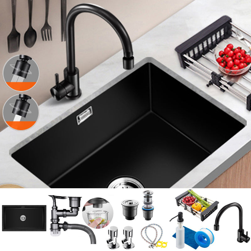 Black Quartz Kitchen Sink Contemporary Single Bowl Sink with Basket Strainer Sink with Faucet Cold and Hot Dual Control Faucet Clearhalo 'Home Improvement' 'home_improvement' 'home_improvement_kitchen_sinks' 'Kitchen Remodel & Kitchen Fixtures' 'Kitchen Sinks & Faucet Components' 'Kitchen Sinks' 'kitchen_sinks' 6561148