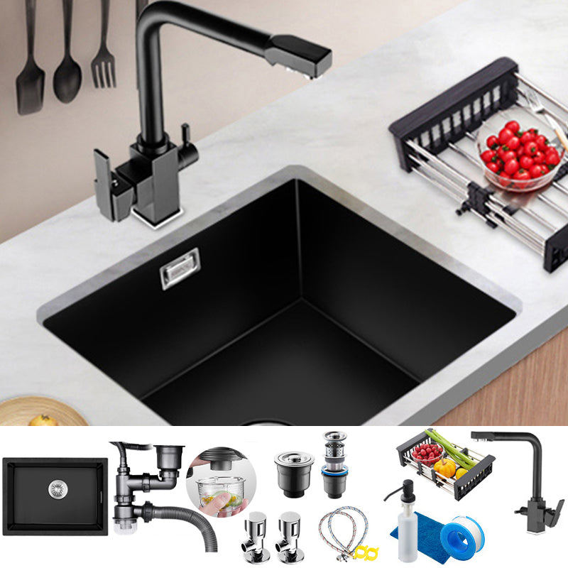 Black Quartz Kitchen Sink Contemporary Single Bowl Sink with Basket Strainer Sink with Faucet Faucet with Water Filtration Clearhalo 'Home Improvement' 'home_improvement' 'home_improvement_kitchen_sinks' 'Kitchen Remodel & Kitchen Fixtures' 'Kitchen Sinks & Faucet Components' 'Kitchen Sinks' 'kitchen_sinks' 6561149