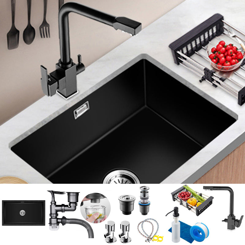 Black Quartz Kitchen Sink Contemporary Single Bowl Sink with Basket Strainer Sink with Faucet Faucet with Water Filtration Clearhalo 'Home Improvement' 'home_improvement' 'home_improvement_kitchen_sinks' 'Kitchen Remodel & Kitchen Fixtures' 'Kitchen Sinks & Faucet Components' 'Kitchen Sinks' 'kitchen_sinks' 6561152