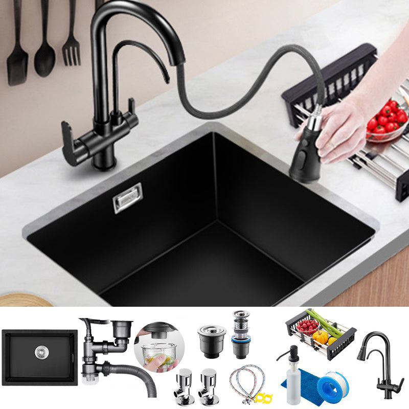 Black Quartz Kitchen Sink Contemporary Single Bowl Sink with Basket Strainer Sink with Faucet Double Tap for Water Purification Clearhalo 'Home Improvement' 'home_improvement' 'home_improvement_kitchen_sinks' 'Kitchen Remodel & Kitchen Fixtures' 'Kitchen Sinks & Faucet Components' 'Kitchen Sinks' 'kitchen_sinks' 6561154