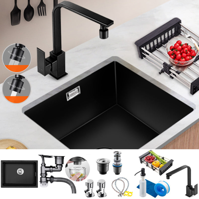 Black Quartz Kitchen Sink Contemporary Single Bowl Sink with Basket Strainer 24"L x 18"W x 9"H Sink with Faucet Seven Character Faucet Clearhalo 'Home Improvement' 'home_improvement' 'home_improvement_kitchen_sinks' 'Kitchen Remodel & Kitchen Fixtures' 'Kitchen Sinks & Faucet Components' 'Kitchen Sinks' 'kitchen_sinks' 6561157