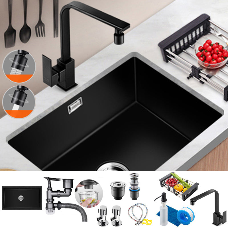 Black Quartz Kitchen Sink Contemporary Single Bowl Sink with Basket Strainer Sink with Faucet Seven Character Faucet Clearhalo 'Home Improvement' 'home_improvement' 'home_improvement_kitchen_sinks' 'Kitchen Remodel & Kitchen Fixtures' 'Kitchen Sinks & Faucet Components' 'Kitchen Sinks' 'kitchen_sinks' 6561159