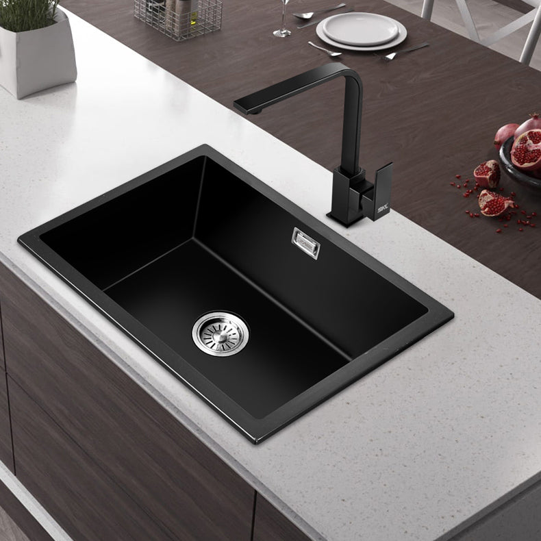 Black Quartz Kitchen Sink Contemporary Single Bowl Sink with Basket Strainer 22"L x 17"W x 9"H Sink with Faucet Seven Character Faucet Clearhalo 'Home Improvement' 'home_improvement' 'home_improvement_kitchen_sinks' 'Kitchen Remodel & Kitchen Fixtures' 'Kitchen Sinks & Faucet Components' 'Kitchen Sinks' 'kitchen_sinks' 6561161