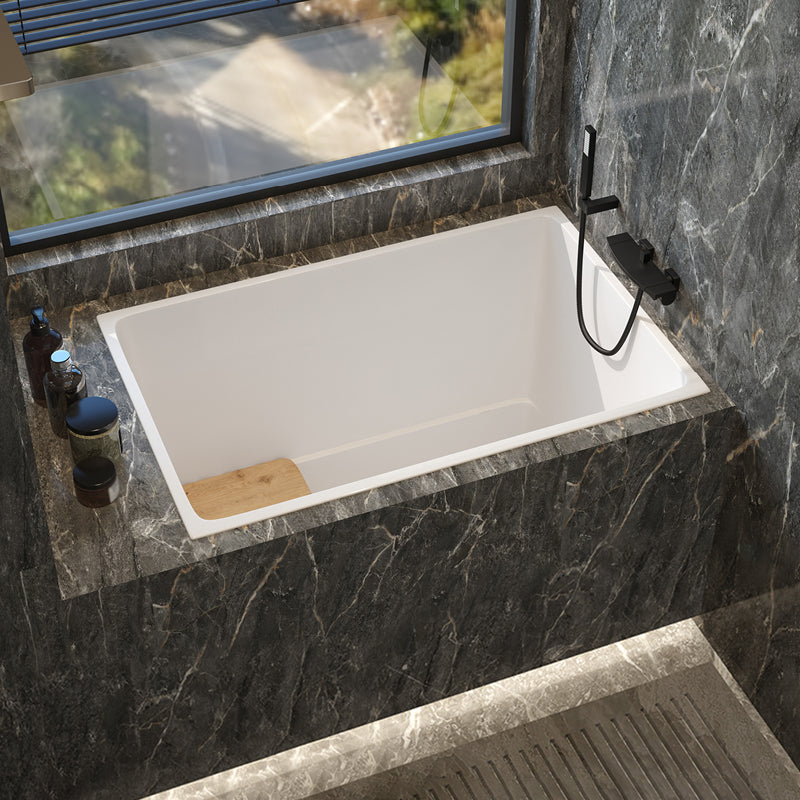 Modern White Acrylic Embedded Bathtub with Drain Bath Tub and Solid Wood Base Plate Tub with Wall Mounted Faucets Clearhalo 'Bathroom Remodel & Bathroom Fixtures' 'Bathtubs' 'Home Improvement' 'home_improvement' 'home_improvement_bathtubs' 'Showers & Bathtubs' 6563179