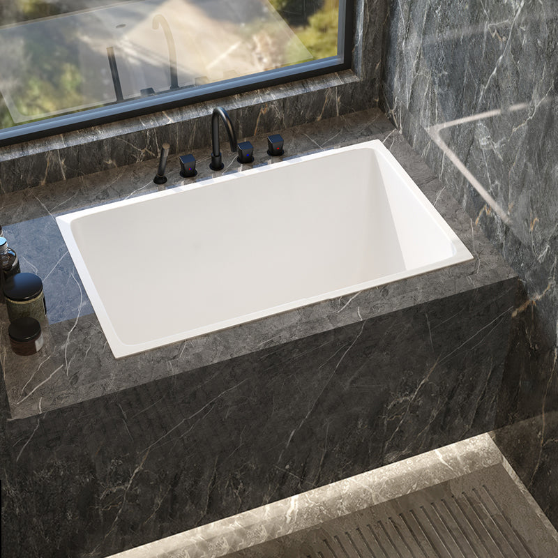 Modern White Acrylic Embedded Bathtub with Drain Bath Tub and Solid Wood Base Plate Tub with Black 5-Piece Set Clearhalo 'Bathroom Remodel & Bathroom Fixtures' 'Bathtubs' 'Home Improvement' 'home_improvement' 'home_improvement_bathtubs' 'Showers & Bathtubs' 6563183