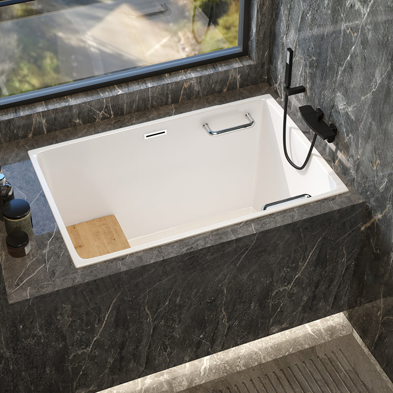 Modern White Acrylic Embedded Bathtub with Drain Bath Tub and Solid Wood Base Plate Tub with Wall Mounted Faucets Clearhalo 'Bathroom Remodel & Bathroom Fixtures' 'Bathtubs' 'Home Improvement' 'home_improvement' 'home_improvement_bathtubs' 'Showers & Bathtubs' 6563191