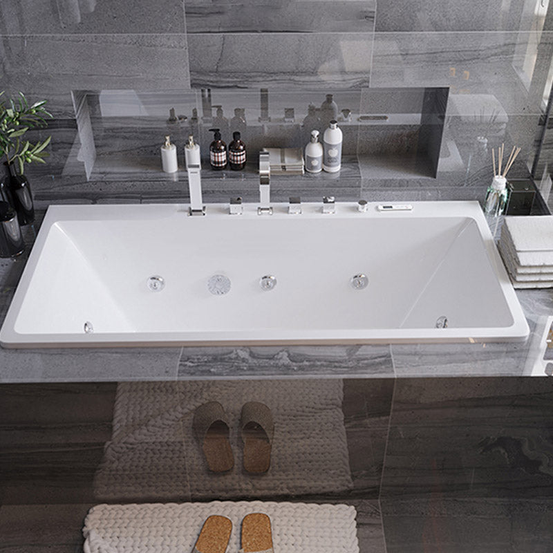 Modern White Acrylic Embedded Bathtub with Drain Bath Tub and Massage Device 59"L x 30"W x 22"H Massage & Thermostat Tub with Silver 5-Piece Set Clearhalo 'Bathroom Remodel & Bathroom Fixtures' 'Bathtubs' 'Home Improvement' 'home_improvement' 'home_improvement_bathtubs' 'Showers & Bathtubs' 6563263