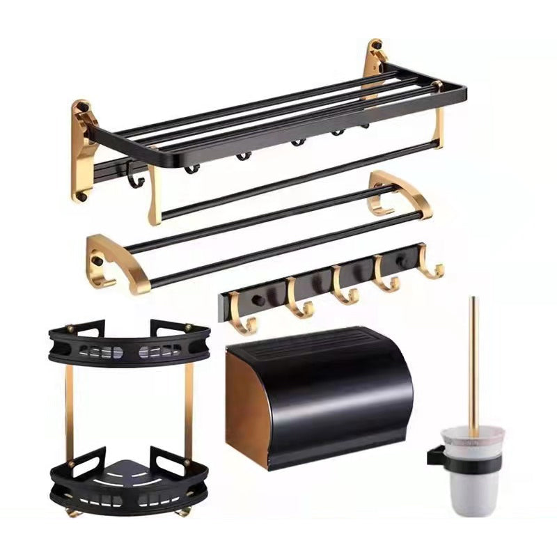 Modern Bathroom Hardware Set Bath Shelf Paper Holder Bathroom Accessory Kit Black Gold 6-Piece Set (Double Rods) Clearhalo 'Bathroom Hardware Sets' 'Bathroom Hardware' 'Bathroom Remodel & Bathroom Fixtures' 'bathroom_hardware_sets' 'Home Improvement' 'home_improvement' 'home_improvement_bathroom_hardware_sets' 6568360