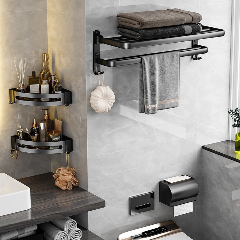 Black Aluminum Bathroom Accessory Set Modern Bath Shelf/ Towel Bar & Paper Holder 4-Piece Set (Toilet Paper Holder) Clearhalo 'Bathroom Hardware Sets' 'Bathroom Hardware' 'Bathroom Remodel & Bathroom Fixtures' 'bathroom_hardware_sets' 'Home Improvement' 'home_improvement' 'home_improvement_bathroom_hardware_sets' 6568539