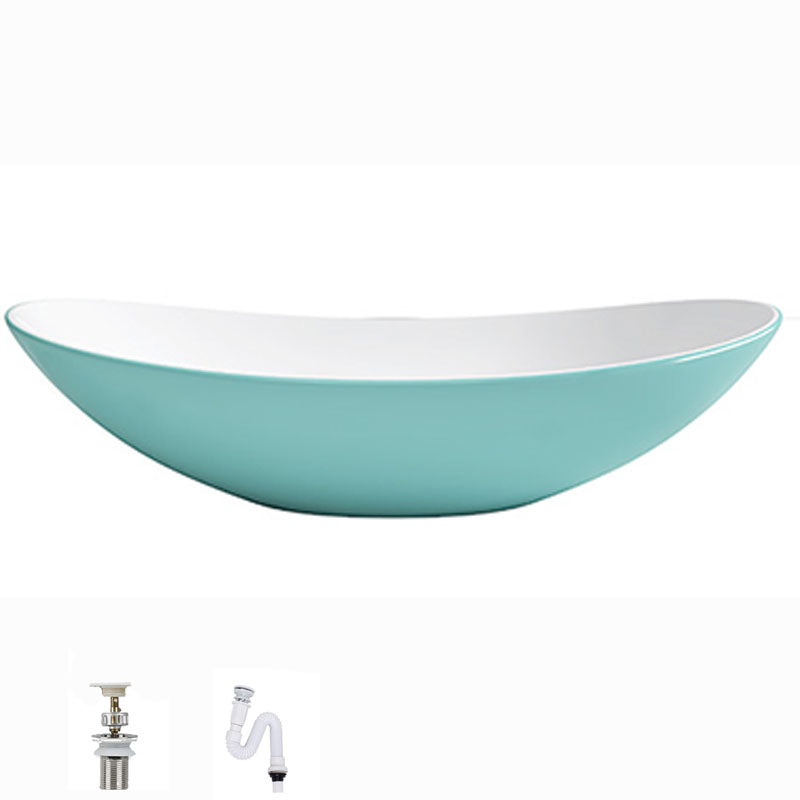 Modern Basin Sink Oval Porcelain with Pop-Up Drain Vessel Bathroom Sink 20"L x 13"W x 6"H Light Green Sink Clearhalo 'Bathroom Remodel & Bathroom Fixtures' 'Bathroom Sinks & Faucet Components' 'Bathroom Sinks' 'bathroom_sink' 'Home Improvement' 'home_improvement' 'home_improvement_bathroom_sink' 6577044