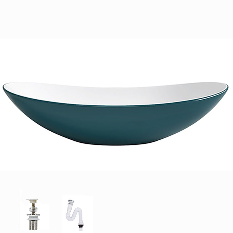 Modern Basin Sink Oval Porcelain with Pop-Up Drain Vessel Bathroom Sink 24"L x 14.2"W x 6.3"H Green Sink Clearhalo 'Bathroom Remodel & Bathroom Fixtures' 'Bathroom Sinks & Faucet Components' 'Bathroom Sinks' 'bathroom_sink' 'Home Improvement' 'home_improvement' 'home_improvement_bathroom_sink' 6577048