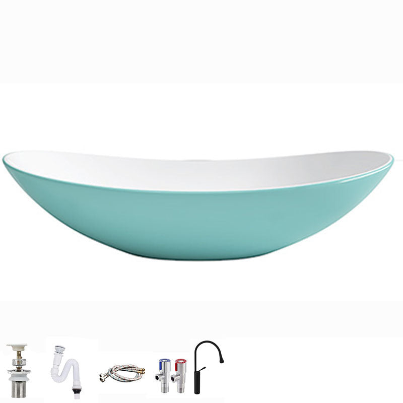 Modern Basin Sink Oval Porcelain with Pop-Up Drain Vessel Bathroom Sink 16"L x 13"W x 6"H Light Green Sink with Faucet Clearhalo 'Bathroom Remodel & Bathroom Fixtures' 'Bathroom Sinks & Faucet Components' 'Bathroom Sinks' 'bathroom_sink' 'Home Improvement' 'home_improvement' 'home_improvement_bathroom_sink' 6577065