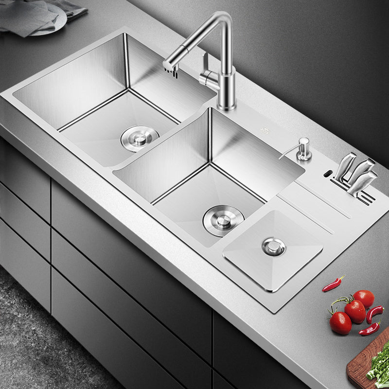 Modern Style Kitchen Sink Dirt Resistant Drop-In Sink with Drain Strainer Kit 39"L x 18"W x 9"H Sink with Faucet Square Pull Out Faucet Clearhalo 'Home Improvement' 'home_improvement' 'home_improvement_kitchen_sinks' 'Kitchen Remodel & Kitchen Fixtures' 'Kitchen Sinks & Faucet Components' 'Kitchen Sinks' 'kitchen_sinks' 6577381