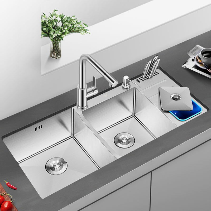 Modern Style Kitchen Sink Dirt Resistant Drop-In Sink with Drain Strainer Kit 43"L x 19"W x 9"H Sink with Faucet Square Pull Out Faucet Clearhalo 'Home Improvement' 'home_improvement' 'home_improvement_kitchen_sinks' 'Kitchen Remodel & Kitchen Fixtures' 'Kitchen Sinks & Faucet Components' 'Kitchen Sinks' 'kitchen_sinks' 6577383