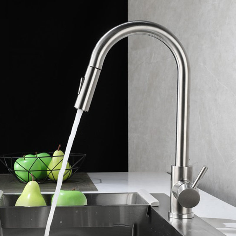 Pull Down Sprayer Bar Kitchen 1-Hole Kitchen Faucet with Supply Lines Silver Sensor Clearhalo 'Home Improvement' 'home_improvement' 'home_improvement_kitchen_faucets' 'Kitchen Faucets' 'Kitchen Remodel & Kitchen Fixtures' 'Kitchen Sinks & Faucet Components' 'kitchen_faucets' 6577532