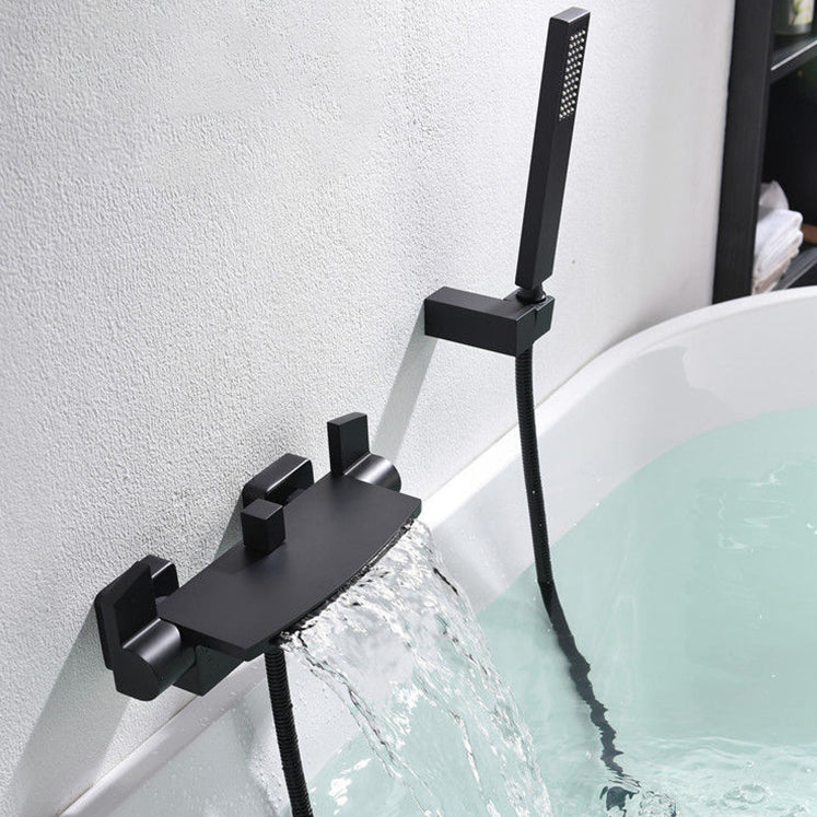 Modern Bathroom Tub Spout Wall Mounted Fixed Waterfall Faucet Black Hand Shower Included Clearhalo 'Bathroom Remodel & Bathroom Fixtures' 'Bathtub Faucets' 'bathtub_faucets' 'Home Improvement' 'home_improvement' 'home_improvement_bathtub_faucets' 6577670