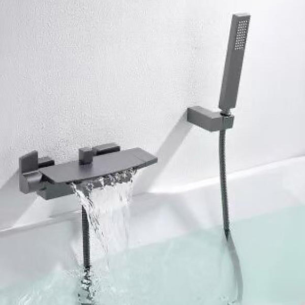 Modern Bathroom Tub Spout Wall Mounted Fixed Waterfall Faucet Grey Hand Shower Included Clearhalo 'Bathroom Remodel & Bathroom Fixtures' 'Bathtub Faucets' 'bathtub_faucets' 'Home Improvement' 'home_improvement' 'home_improvement_bathtub_faucets' 6577672