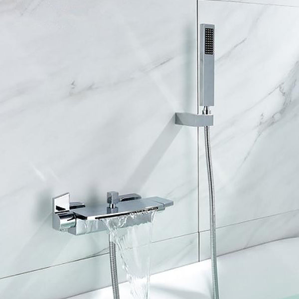Modern Bathroom Tub Spout Wall Mounted Fixed Waterfall Faucet Silver Hand Shower Included Clearhalo 'Bathroom Remodel & Bathroom Fixtures' 'Bathtub Faucets' 'bathtub_faucets' 'Home Improvement' 'home_improvement' 'home_improvement_bathtub_faucets' 6577673