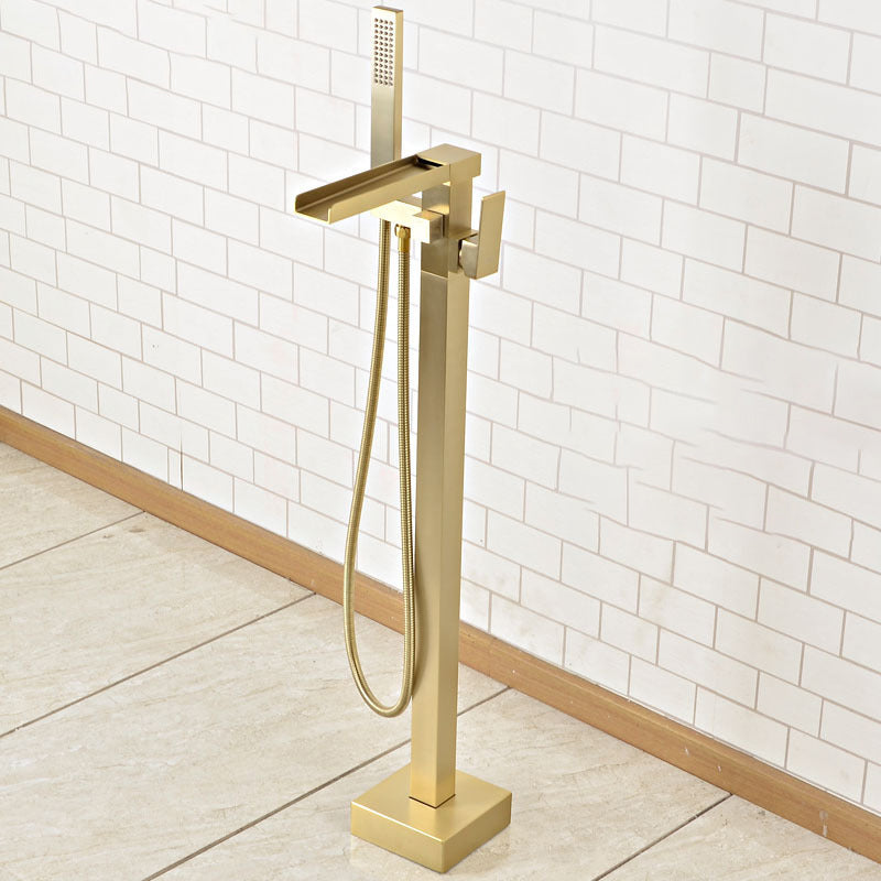 Floor Mounted Metal Freestanding Tub Filler Waterfall Freestanding Faucet with Hose Gold Waterfall Faucet Included Clearhalo 'Bathroom Remodel & Bathroom Fixtures' 'Bathtub Faucets' 'bathtub_faucets' 'Home Improvement' 'home_improvement' 'home_improvement_bathtub_faucets' 6577696