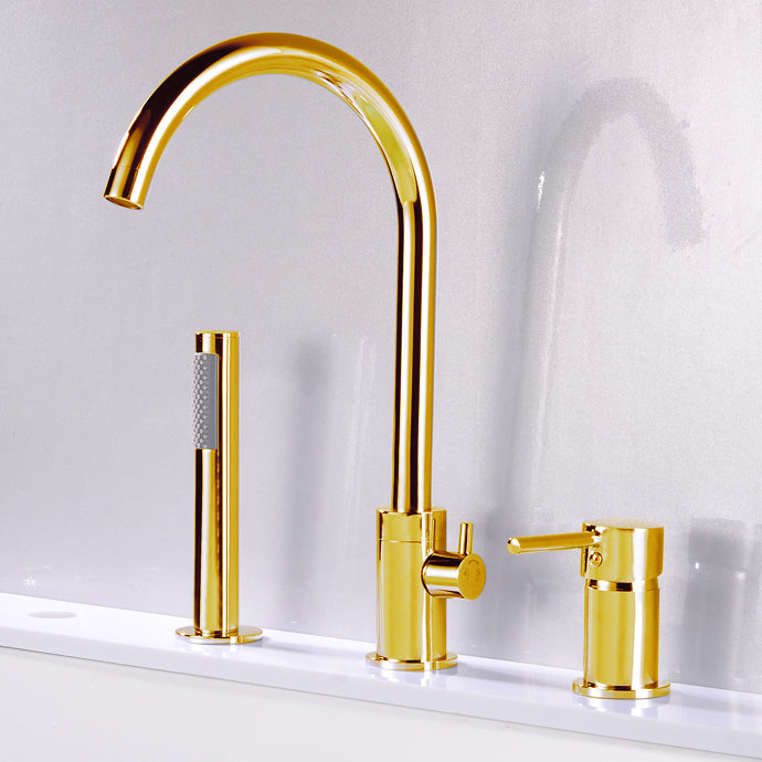 Modern Deck Mounted Metal Tub Filler Gooseneck Faucet in Black/Gold/Silver Gold Hand Shower Included Clearhalo 'Bathroom Remodel & Bathroom Fixtures' 'Bathtub Faucets' 'bathtub_faucets' 'Home Improvement' 'home_improvement' 'home_improvement_bathtub_faucets' 6577857