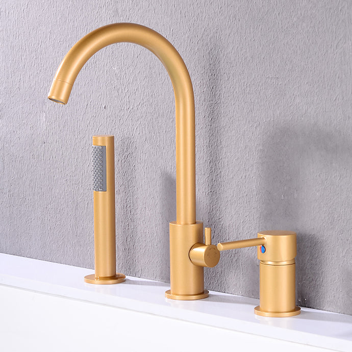 Modern Deck Mounted Metal Tub Filler Gooseneck Faucet in Black/Gold/Silver Dark Gold Hand Shower Included Clearhalo 'Bathroom Remodel & Bathroom Fixtures' 'Bathtub Faucets' 'bathtub_faucets' 'Home Improvement' 'home_improvement' 'home_improvement_bathtub_faucets' 6577861