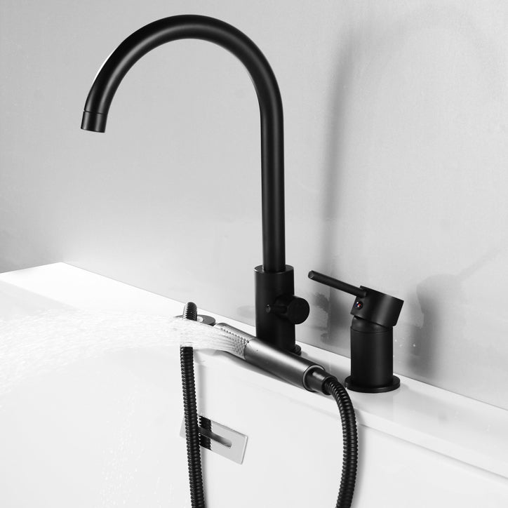 Modern Deck Mounted Metal Tub Filler Gooseneck Faucet in Black/Gold/Silver Clearhalo 'Bathroom Remodel & Bathroom Fixtures' 'Bathtub Faucets' 'bathtub_faucets' 'Home Improvement' 'home_improvement' 'home_improvement_bathtub_faucets' 6577869