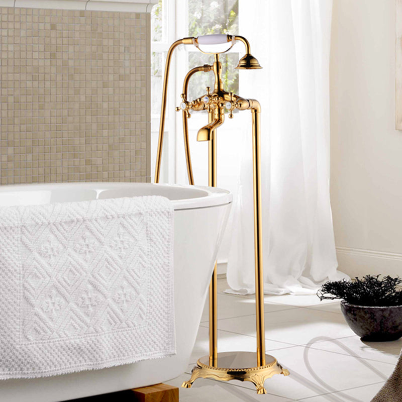 Traditional Floor Mounted Copper Freestanding Tub Filler Spray Gun Tub Filler Trim White-Gold Risers Included Clearhalo 'Bathroom Remodel & Bathroom Fixtures' 'Bathtub Faucets' 'bathtub_faucets' 'Home Improvement' 'home_improvement' 'home_improvement_bathtub_faucets' 6577899