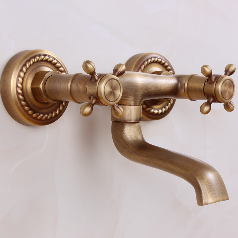 Traditional Wall Mounted Metal Tub Filler Double Handles Waterfall Tub Faucet Trim Brushed Brass Clearhalo 'Bathroom Remodel & Bathroom Fixtures' 'Bathtub Faucets' 'bathtub_faucets' 'Home Improvement' 'home_improvement' 'home_improvement_bathtub_faucets' 6577934
