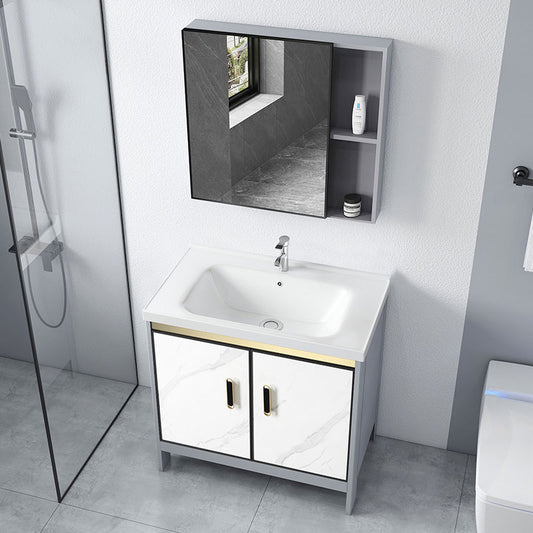 White Vanity Set Single Sink Freestanding Metal Mirror Bathroom Vanity with Faucet Clearhalo 'Bathroom Remodel & Bathroom Fixtures' 'Bathroom Vanities' 'bathroom_vanities' 'Home Improvement' 'home_improvement' 'home_improvement_bathroom_vanities' 6578052
