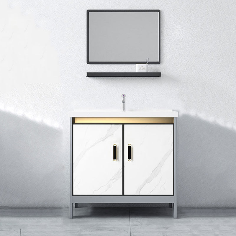 White Vanity Set Single Sink Freestanding Metal Mirror Bathroom Vanity with Faucet Vanity & Faucet & Mirrors Clearhalo 'Bathroom Remodel & Bathroom Fixtures' 'Bathroom Vanities' 'bathroom_vanities' 'Home Improvement' 'home_improvement' 'home_improvement_bathroom_vanities' 6578065