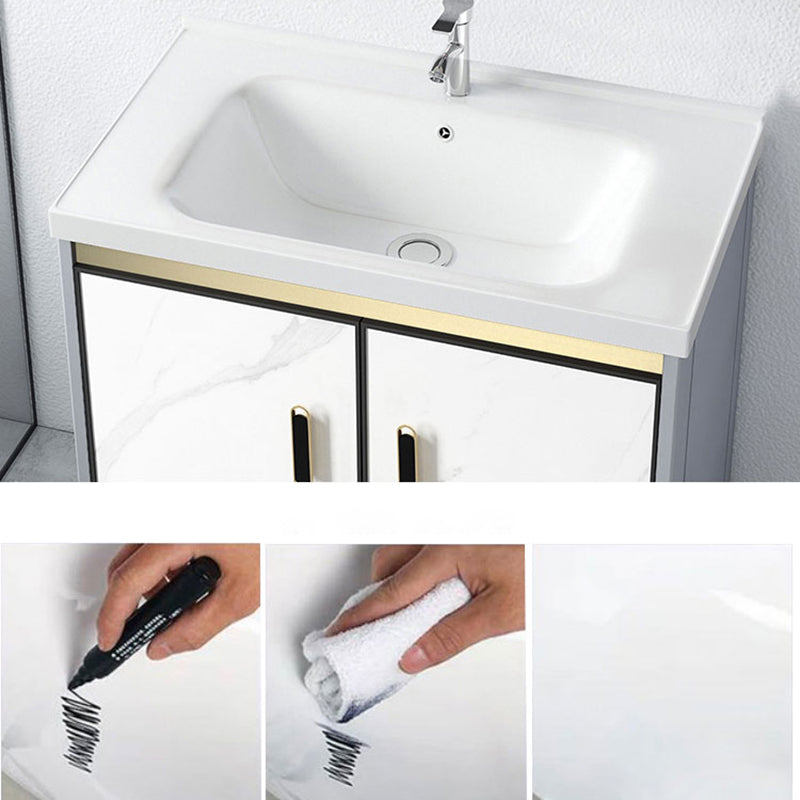 White Vanity Set Single Sink Freestanding Metal Mirror Bathroom Vanity with Faucet Clearhalo 'Bathroom Remodel & Bathroom Fixtures' 'Bathroom Vanities' 'bathroom_vanities' 'Home Improvement' 'home_improvement' 'home_improvement_bathroom_vanities' 6578069